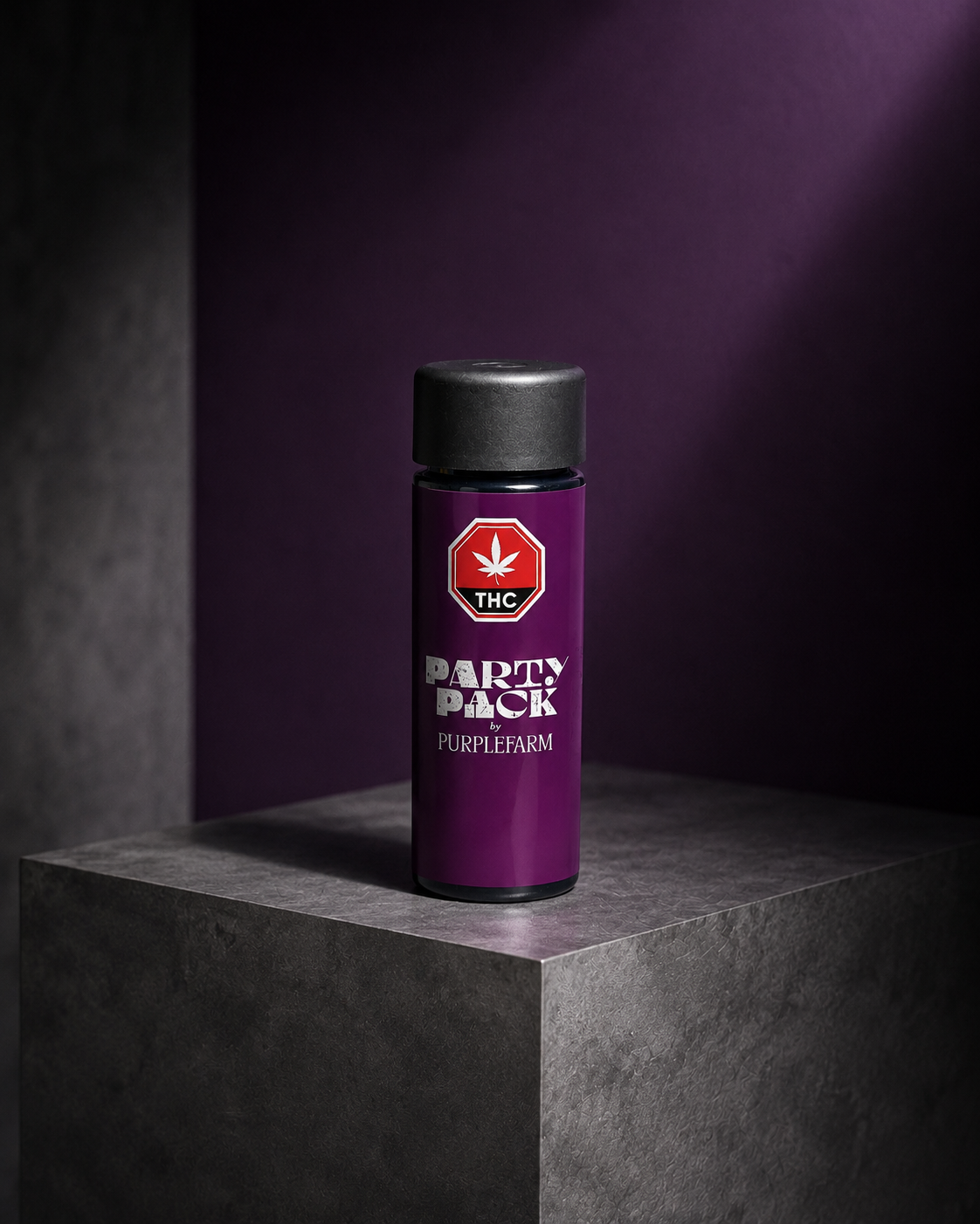 PURPLEFARM Party Pack pre-roll package on a stone pedestal in purple light